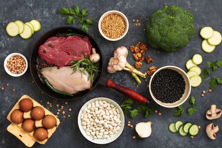 Healthy background design with a diet food top view Set of different diet foodの写真素材