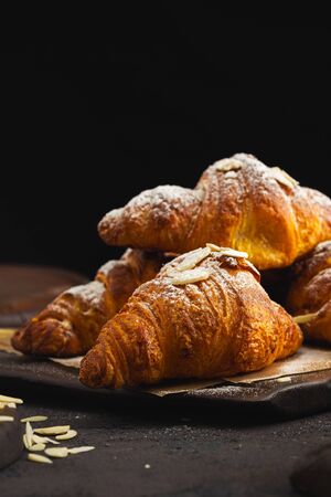 Freshly baked croissant with chocolate close upの写真素材