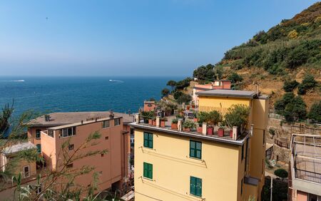 Scenic view of colorful village Riomaggiore in Cinque Terre, Italyの写真素材
