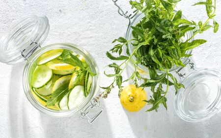 Diet concept. Detox drink cucumber water top viewの写真素材