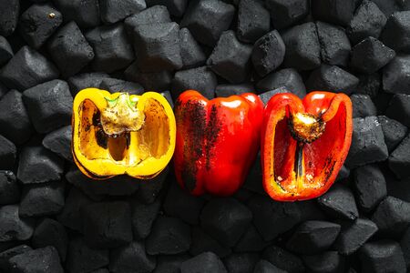Cooked on grilled pepper over a charcoal top viewの写真素材