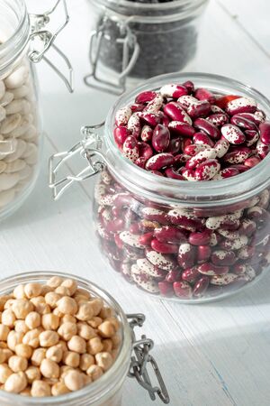 Raw grain bean in a glass jar. Source of protein for a vegetarianの写真素材