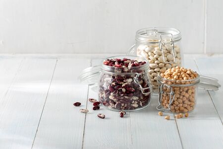 Raw grain bean in a glass jar. Source of protein for a vegetarianの写真素材