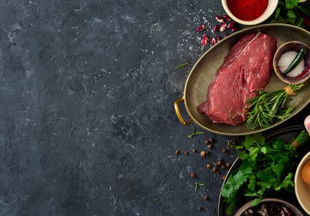 Raw ingredients for cooking healthy food. Raw beef meat with herbs, spices and beans top viewの写真素材