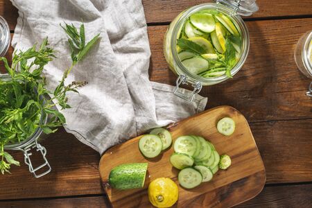 Recipe cooking detox water cucumber drink top view. Dieting conceptの写真素材
