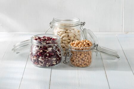 Raw grain bean in a glass jar. Source of protein for a vegetarianの写真素材