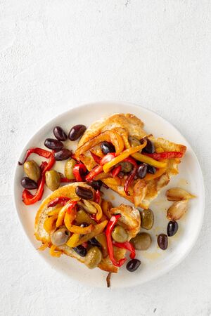 Sandwiches with smoke peppers, olives and garlic on a light background, top view. Flat layの写真素材