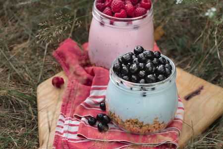 Healthy food breakfast with granola yogurt with homemade blueberry and raspberry in glass jar in grassの写真素材