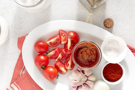 Ingredients for cooking spicy sauce Bravo Spanish cuisine top viewの写真素材