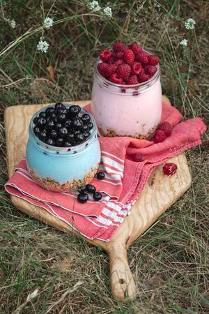 Healthy food breakfast with granola yogurt with homemade blueberry and raspberry in glass jar in grassの写真素材
