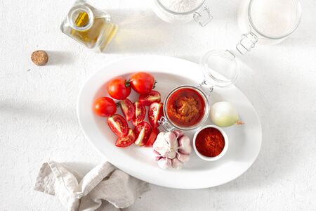 Ingredients for making spicy sauce Bravo Spanish cuisineの写真素材