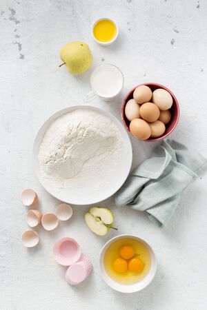 Baking food ingredients on a white background top viewの写真素材