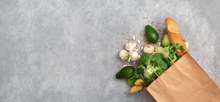 Groceries shopping bag with healthy food top viewの写真素材