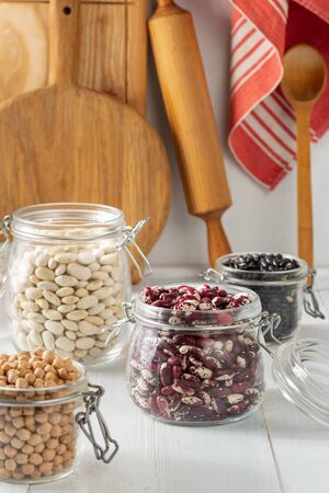 Raw grain bean in a glass jar. Source of protein for a vegetarianの写真素材