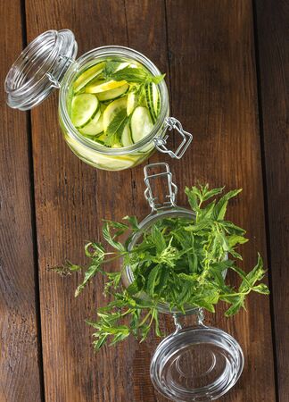 Ð¡ucumber water in the glass top view top view. Diet conceptの写真素材