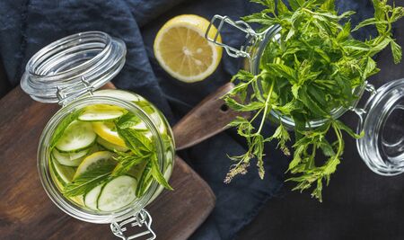 Detox water cucumber drink top view. Dieting conceptの写真素材