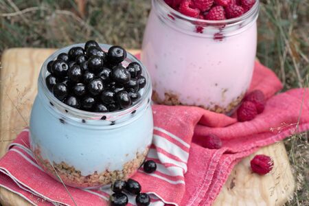 Healthy food breakfast with granola yogurt with homemade blueberry and raspberry in glass jar in grassの写真素材