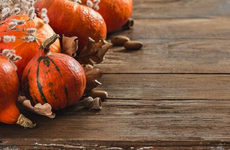 Pumpkin  with dry leaf and acorns on dark woodenの写真素材