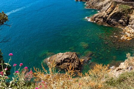 Top view from cliff at sea in Cinque Terre Italyの写真素材