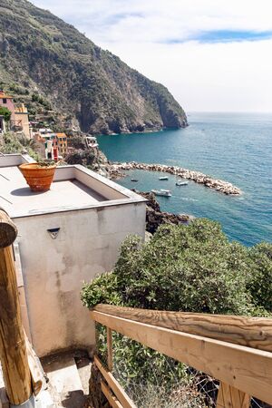 View of the beautiful Riomaggiorein Cinque Terre Italyの写真素材
