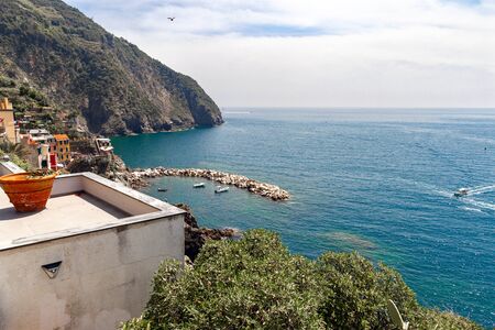 View of the beautiful Riomaggiorein Cinque Terre Italyの写真素材