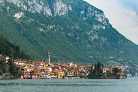 Beautiful panoramic view of Varenna town, Lake Como, Italyの写真素材