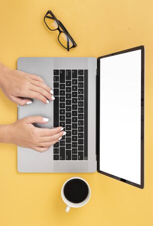 Working process photo Man typing laptop top viewの写真素材