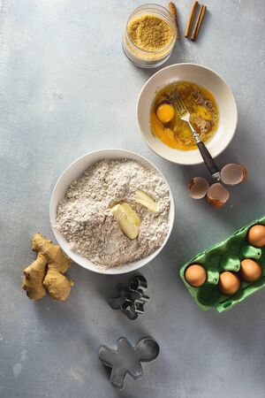 Raw ingredients for cooking christmas gingerbread cookiesの写真素材