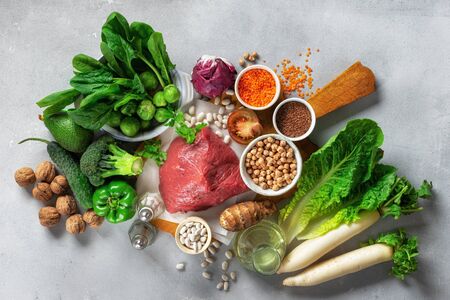 Healthy diet and balanced nutrition ingredients: vegetables, grain and meat. Nutrition, clean eating food concept top viewの写真素材