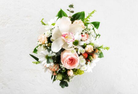 Flowers background. Flat lay, top view floral Valentine's Day conceptの写真素材