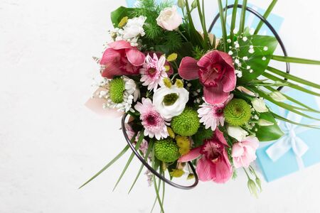 Flowers background. Flat lay, top view floral Valentine's Day conceptの写真素材