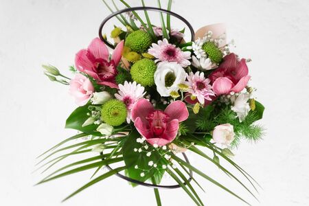 Top view flower bouquet on white background flat layの写真素材