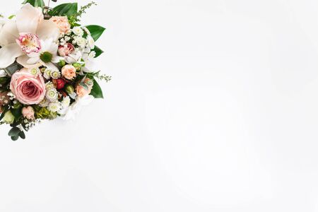 Flowers background. Flat lay, top view floral Valentine's Day conceptの写真素材