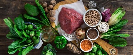 Healthy diet and balanced nutrition ingredients: vegetables, grain and meat. Nutrition, clean eating food concept top viewの写真素材