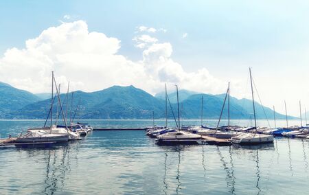 Berth with yachts on beautiful Lake Como, Italyの写真素材