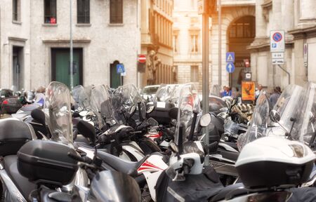 A lot of scooters in Milan Square, Italyの写真素材