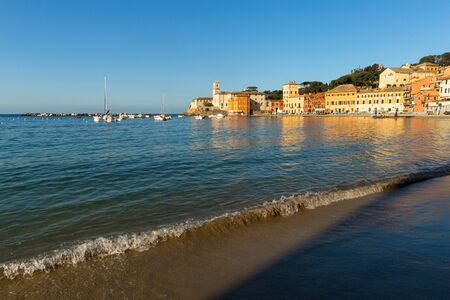 Beautiful beach at sunrise sestri levante in the province Genoa, Italy の写真素材