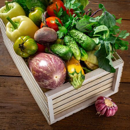 Wooden box with different vegetables. Harvesting conceptの写真素材