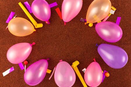 Frame of balloons and decoration top viewの写真素材