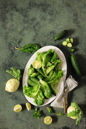 Health vegan food concept vegetables nuts seeds and cereals top view Healthy green eatingの写真素材