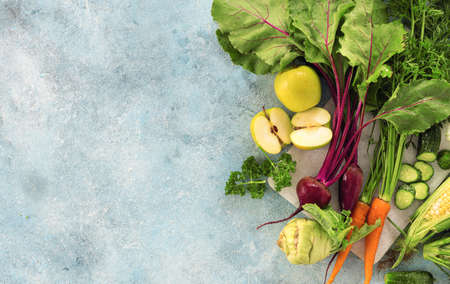 Eco food background Set raw ingredients for cooking vegetarian meal top viewの写真素材