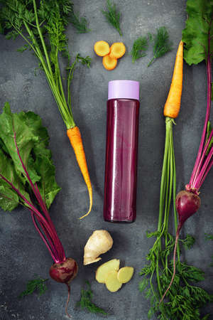 Beetroot detox drink with ingredients for preparation top viewの写真素材