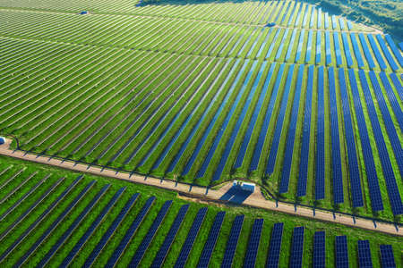 Photovoltaic power plant. Solar panels in aerial viewの写真素材