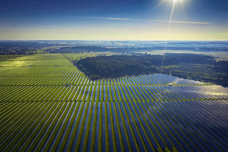 Solar panels in aerial view. Photovoltaic power plant