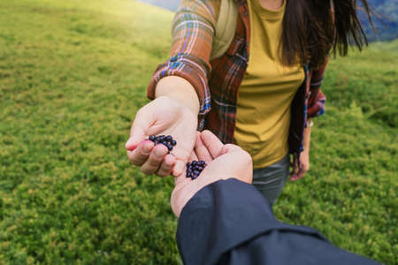 Couple of hikers sharing harvested blueberries at the top of the mountain. Healthy lifestyle concept の写真素材