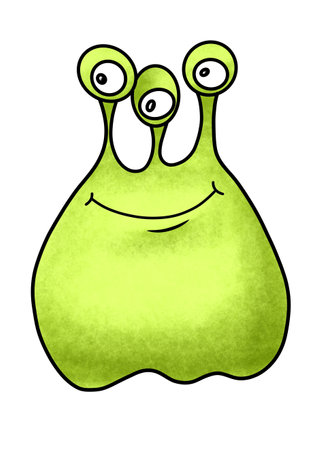 cartoon green alien monster with three eyes and mouth on white background, illustration for childrenの写真素材