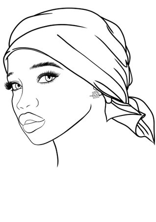 Beautiful black and white vector illustration of a woman with a bandanaの写真素材
