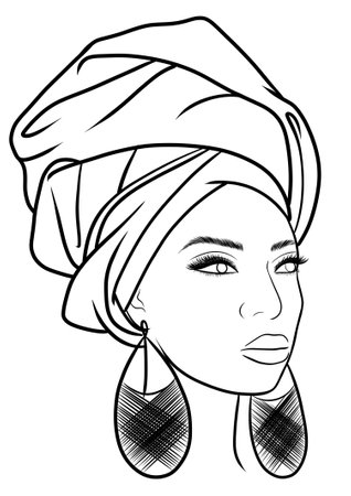 Black and white illustration of a beautiful African American woman wearing a turban.の写真素材