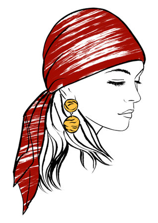 Beautiful girl in a red bandana with earring. Vector illustration.の写真素材