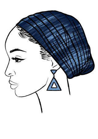 Illustration of a african woman's face in a blue turban.の写真素材